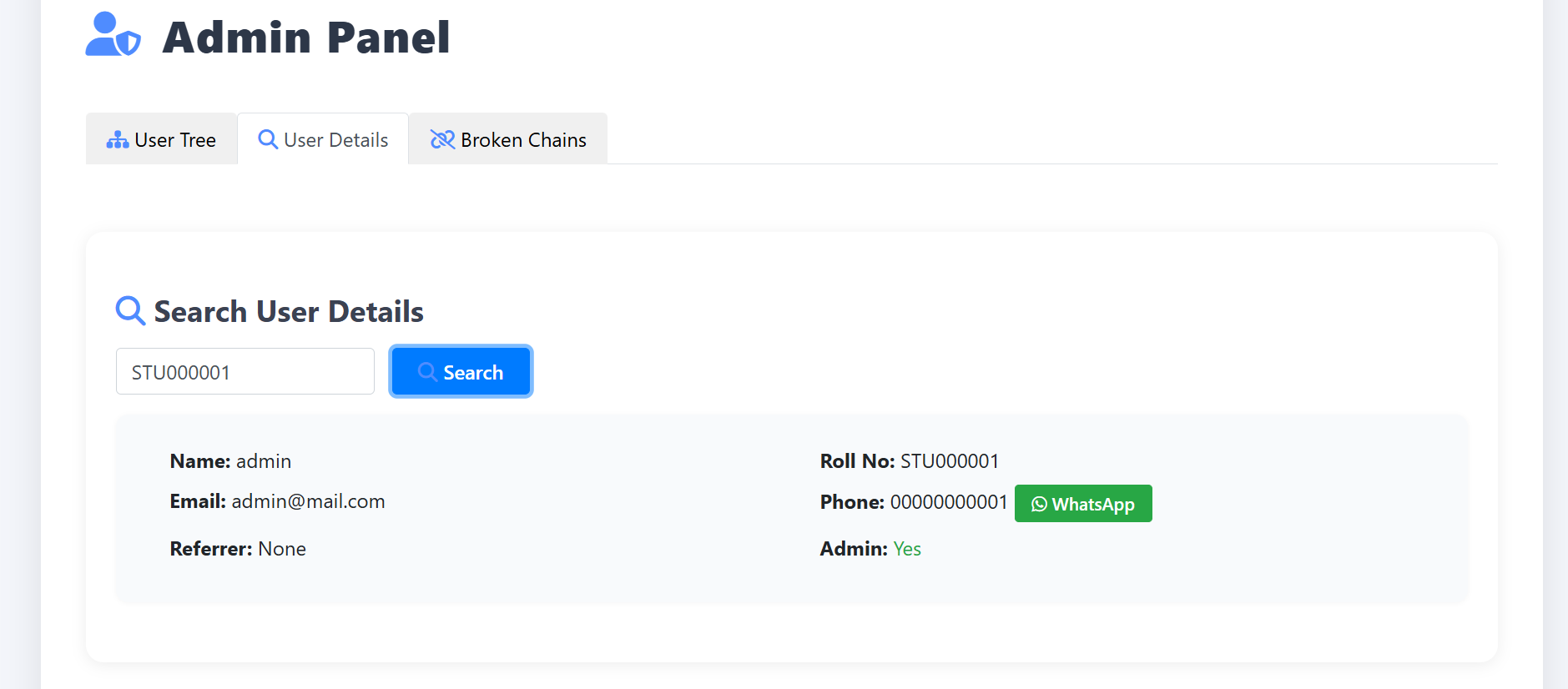 Admin management interface